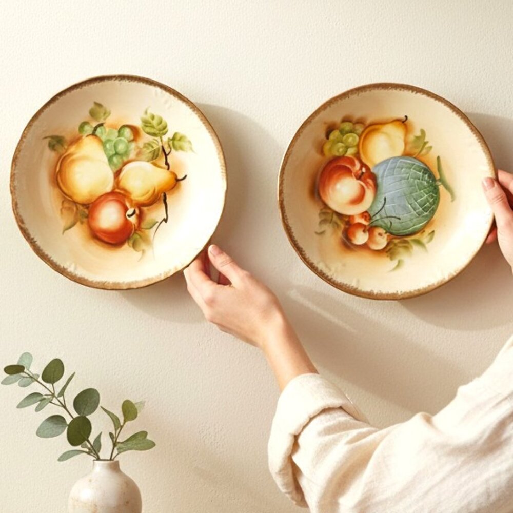 Vintage Giftcraft Japan Hand Painted Fruit Wall Plates Gold Rim Set of Two 1960s